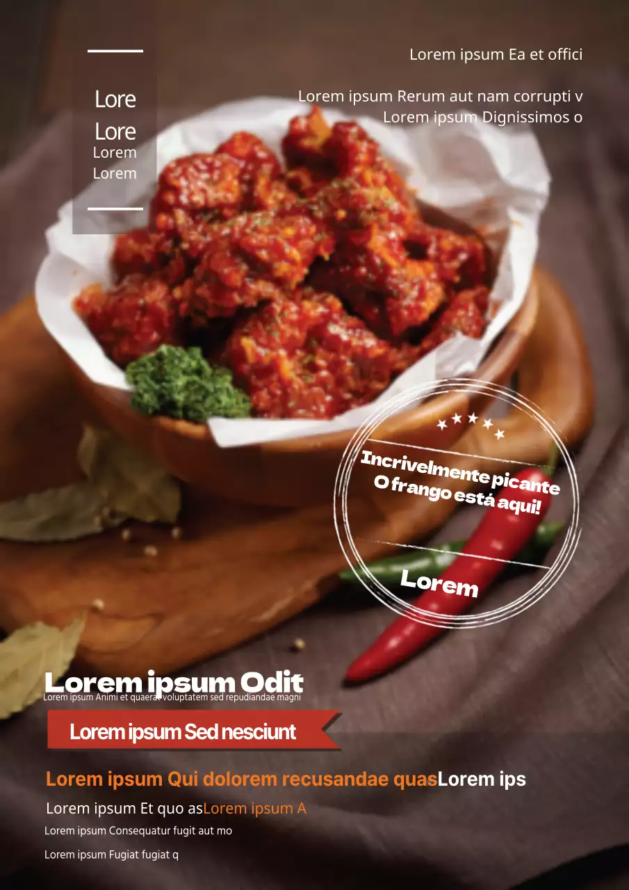 Folheto promocional para um restaurante de frango com um design simples e centrado em fotografias