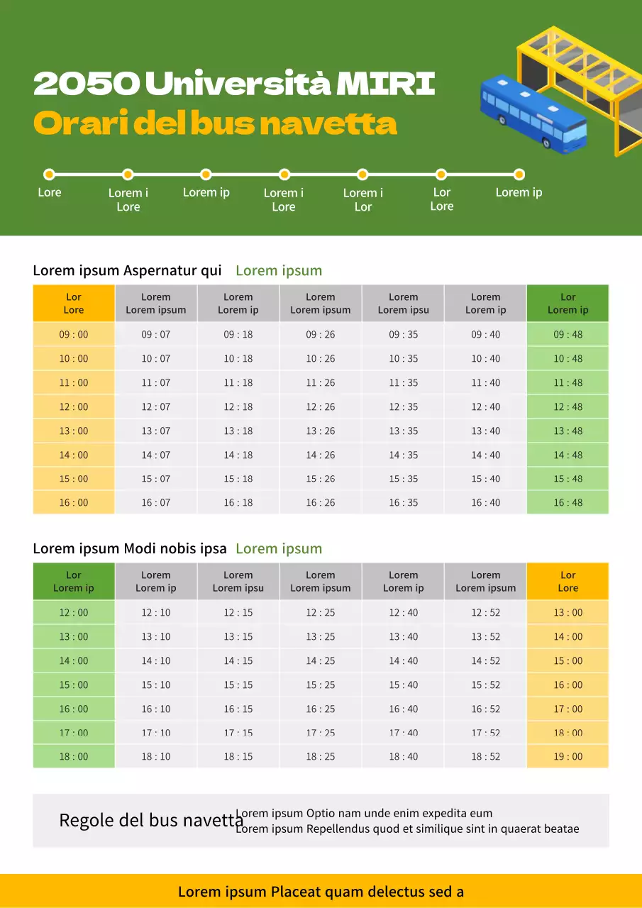 Annuncio degli orari delle navette universitarie di base verde lime e gialle