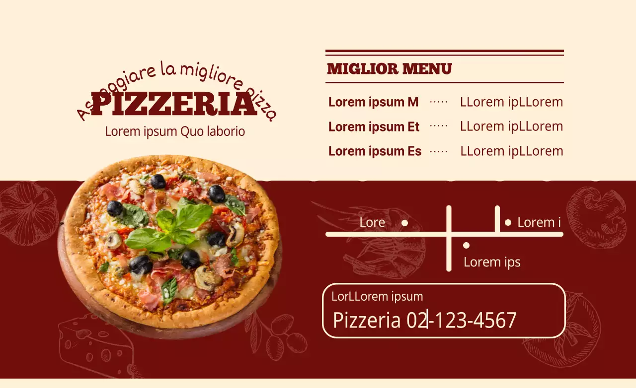 Progettate un volantino per pizzeria dall'aspetto rosso e delizioso