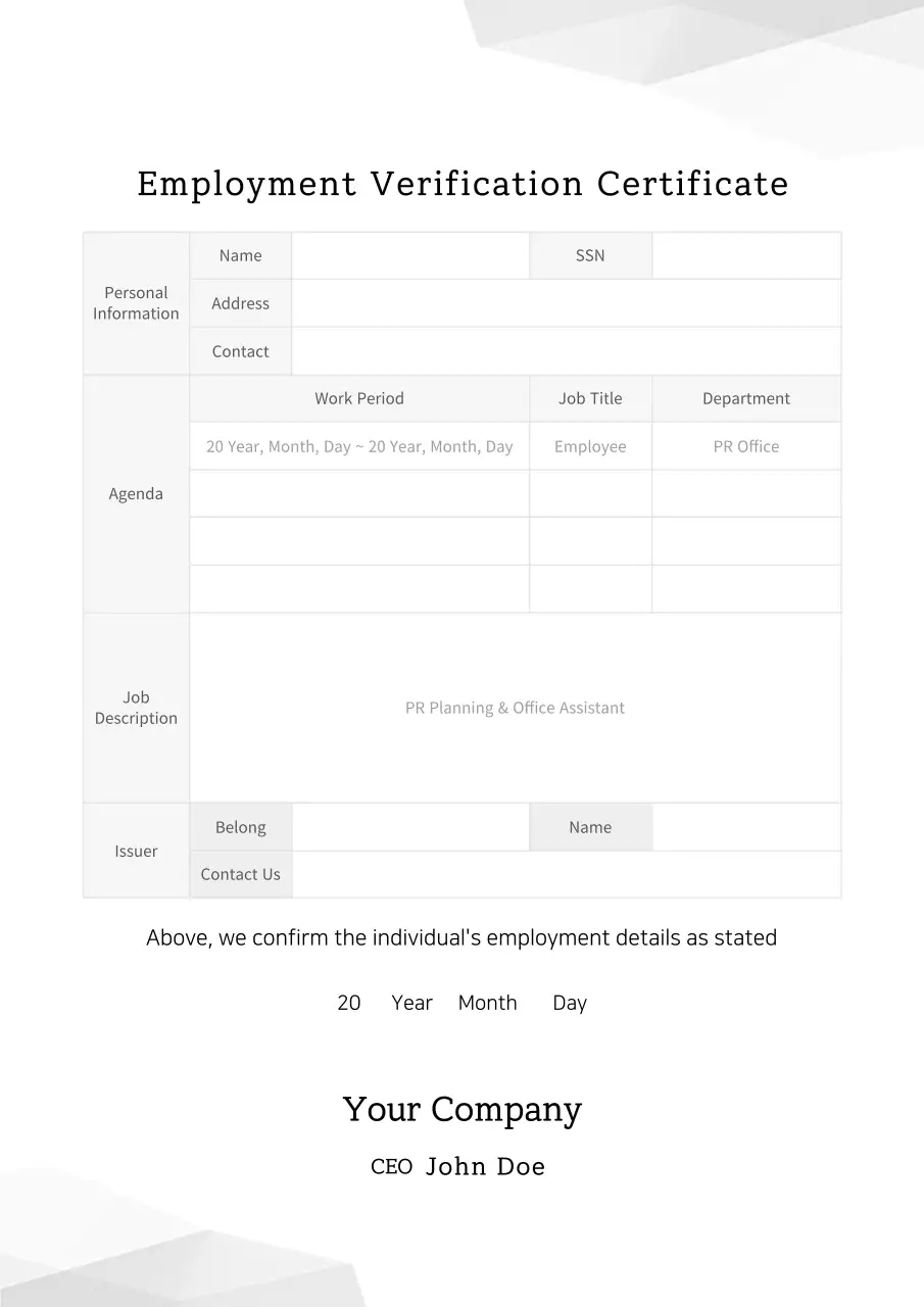 White Professional Employment Certificate