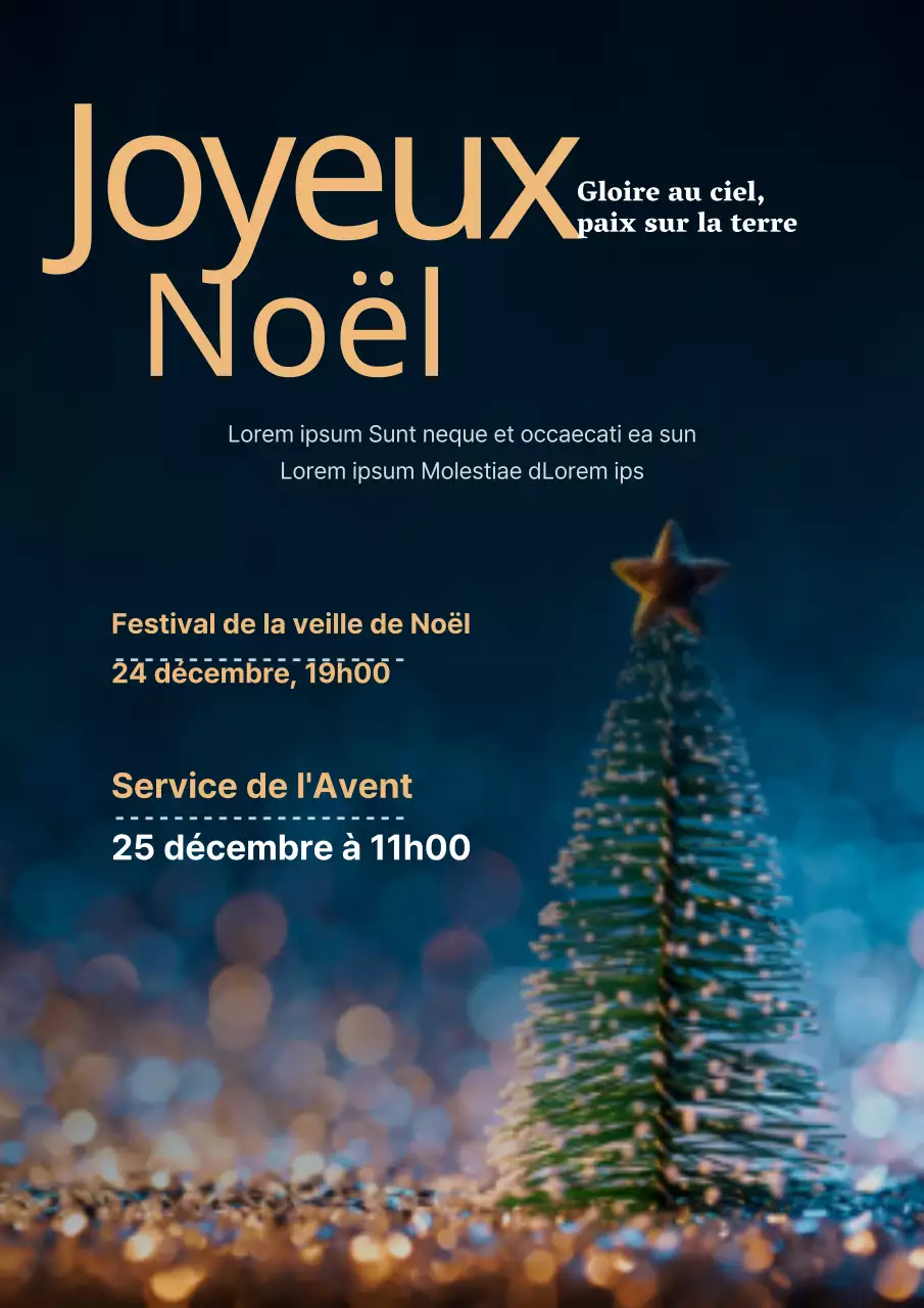 Promouvoir et guider un service de Noël dans une église discrète avec une photo d'un sapin bleu marine.