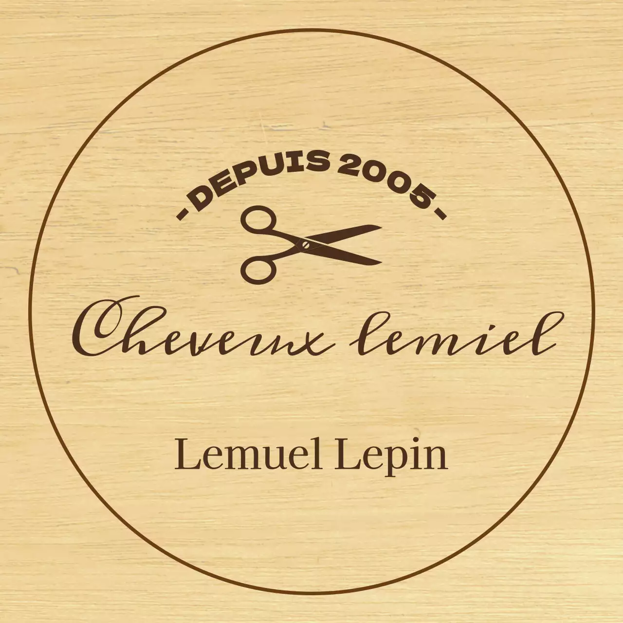 Enseigne de salon de coiffure d'aspect classique avec texte noir et illustration de ciseaux