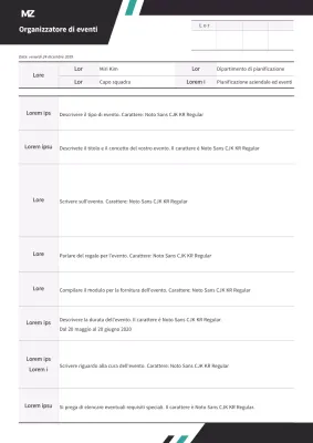 Un organizzatore di eventi con un concetto pulito e diagonale in nero e menta.