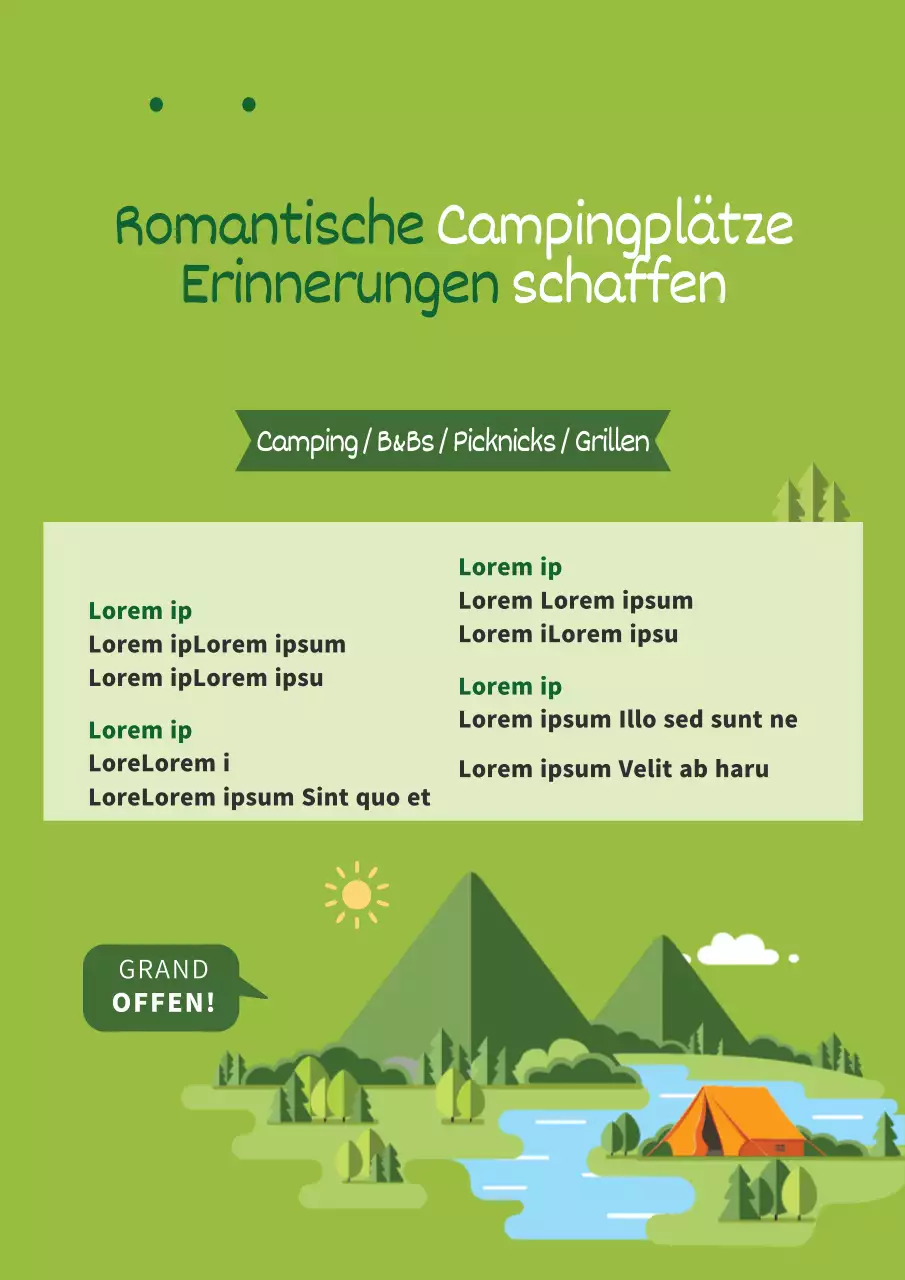 Förderung der Eröffnung eines sauberen Campingplatzes mit grüner Natur und Zeltillustrationen