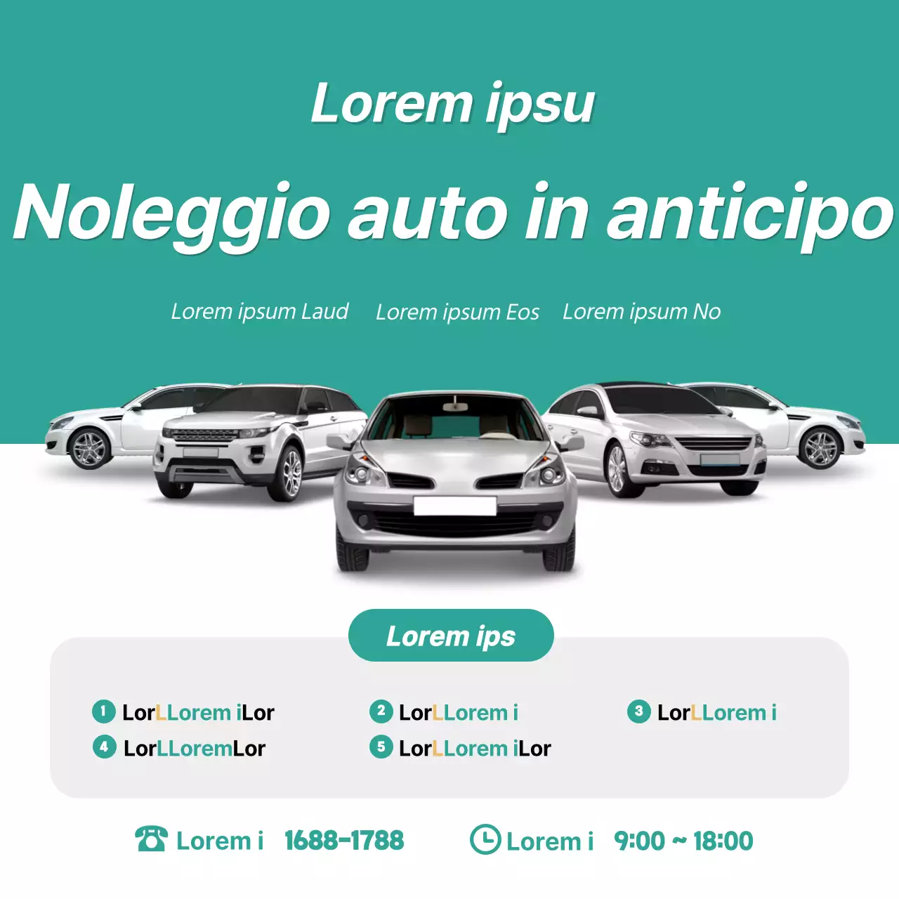Promozioni ed eventi di autonoleggio in blu verde e bianco (piazze dei social media)