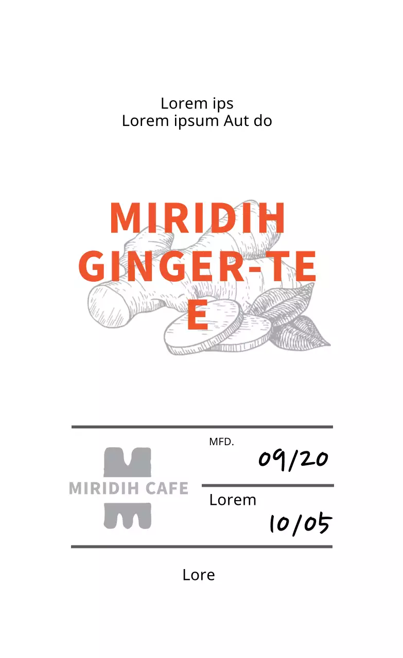 Nettes Café-Ingwer-Tee-Etikett mit orangefarbener Illustration