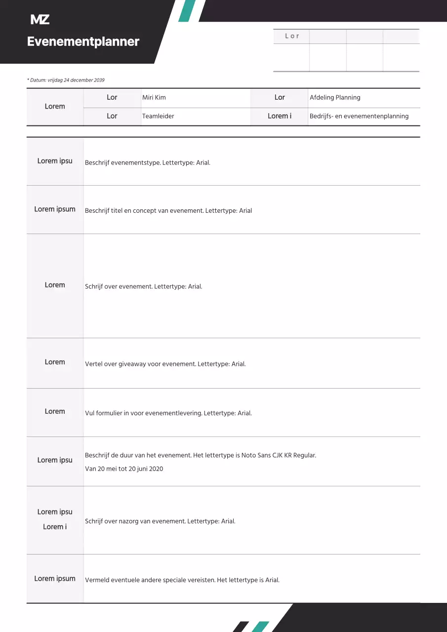 Een evenementenplanner met een strak, diagonaal concept in zwart en mint.