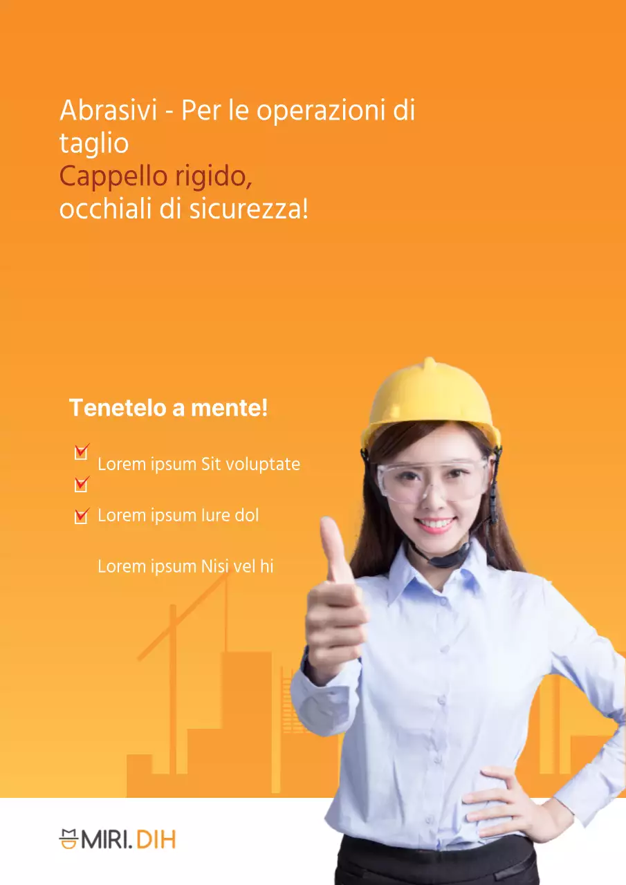 Un semplice consiglio per la sicurezza nei cantieri con l'immagine di una donna con un elmetto arancione.