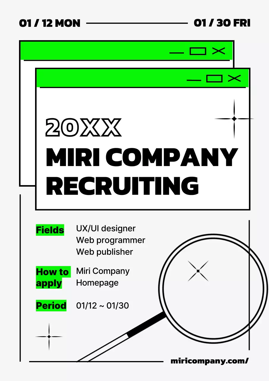Company job postings in black and neon green colors