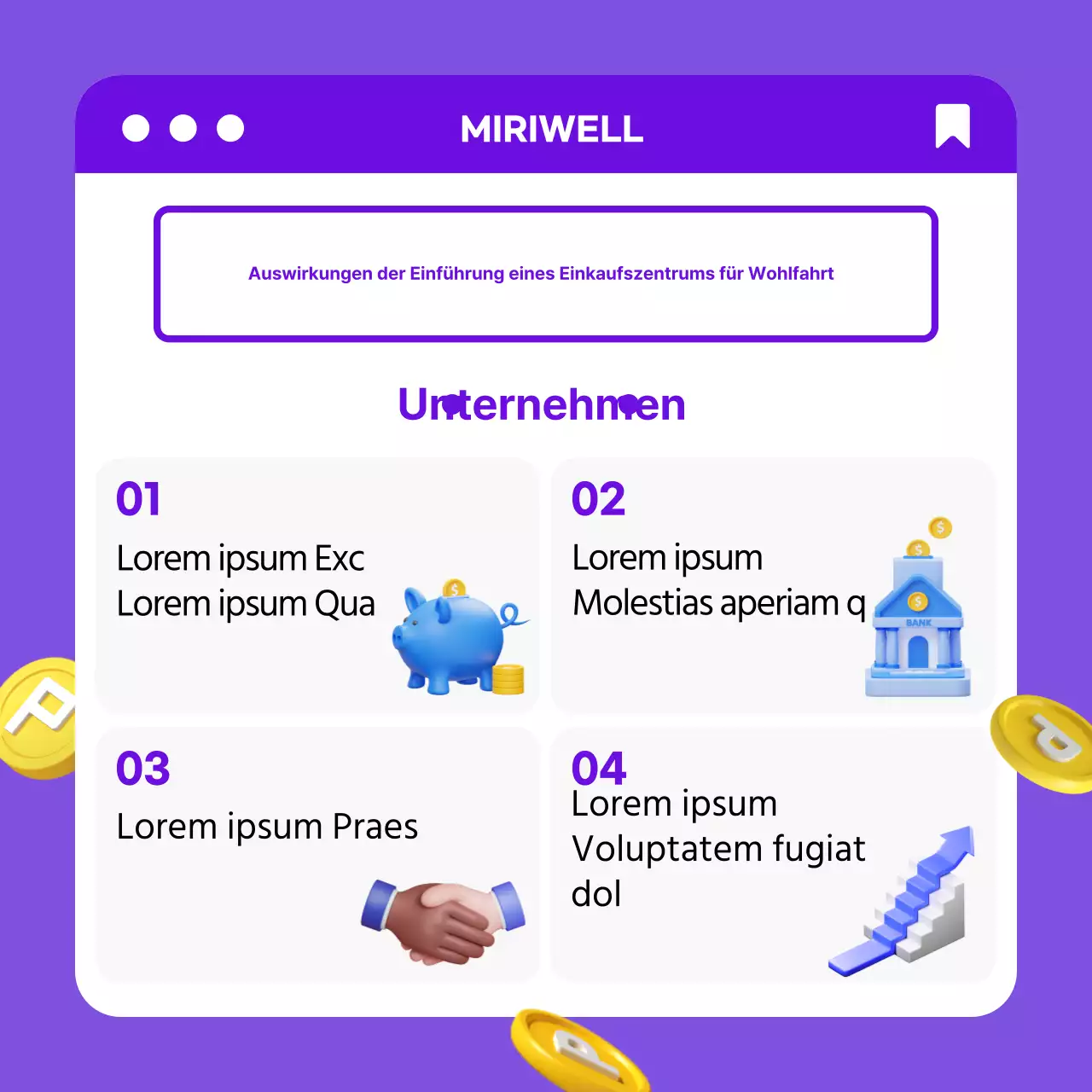 Ordentliches Corporate-Welfare-Einkaufszentrum Effekt mit lila-gelben 3D-Konzept CardNews