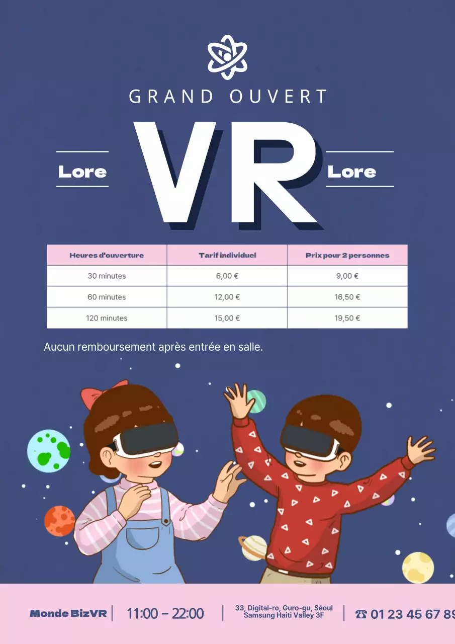Prospectus de menu pour l'expérience de réalité virtuelle en bleu marine et rose.