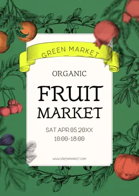 Farmers market promotional poster with hand drawn fruit on green background