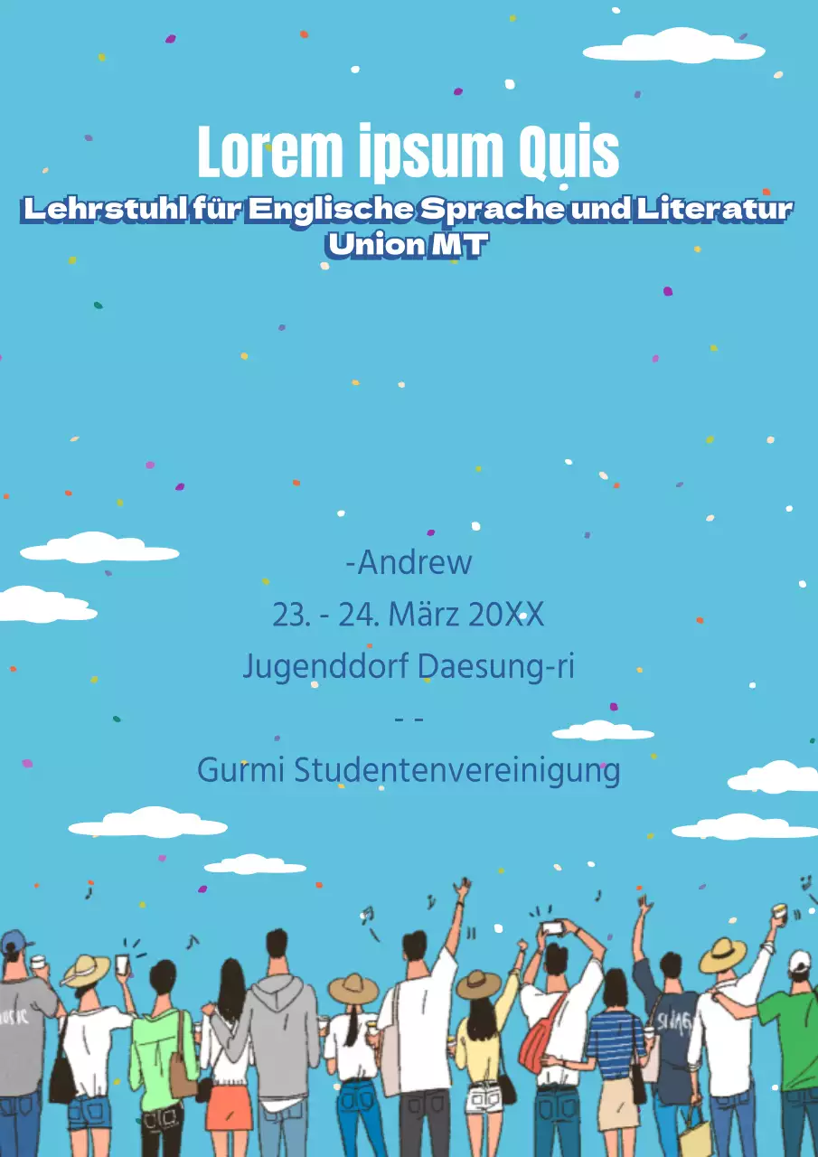 Werbung für ein farbenfrohes und niedliches Universitäts-Sommercamp mit einer hellblauen Illustration von Studentenhintern