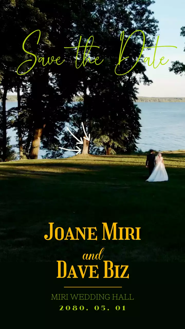 초록색과 노란색 글씨가 있는 심플한 결혼식 청접장