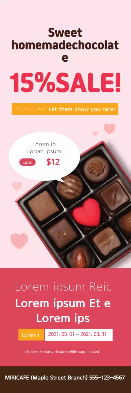 Neat chocolate sale with pink photo highlighting