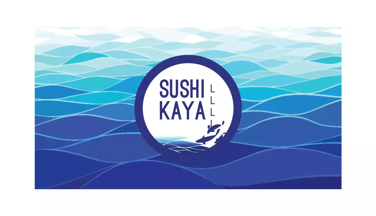 Sushi Restaurant Stempelkarte mit blauem Meer und Fisch Illustration
