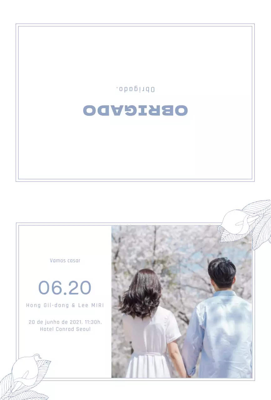 Convite de casamento simples com ilustrações em azul claro