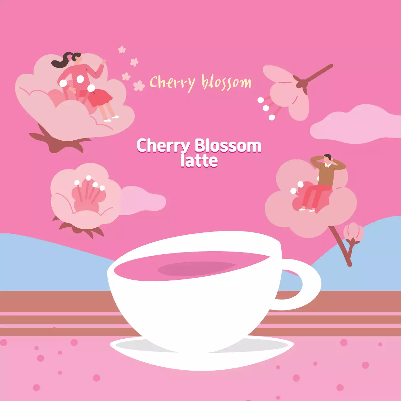 Label Kemasan Makanan Latte Lucu Bergambar Ilustrasi Merah Muda