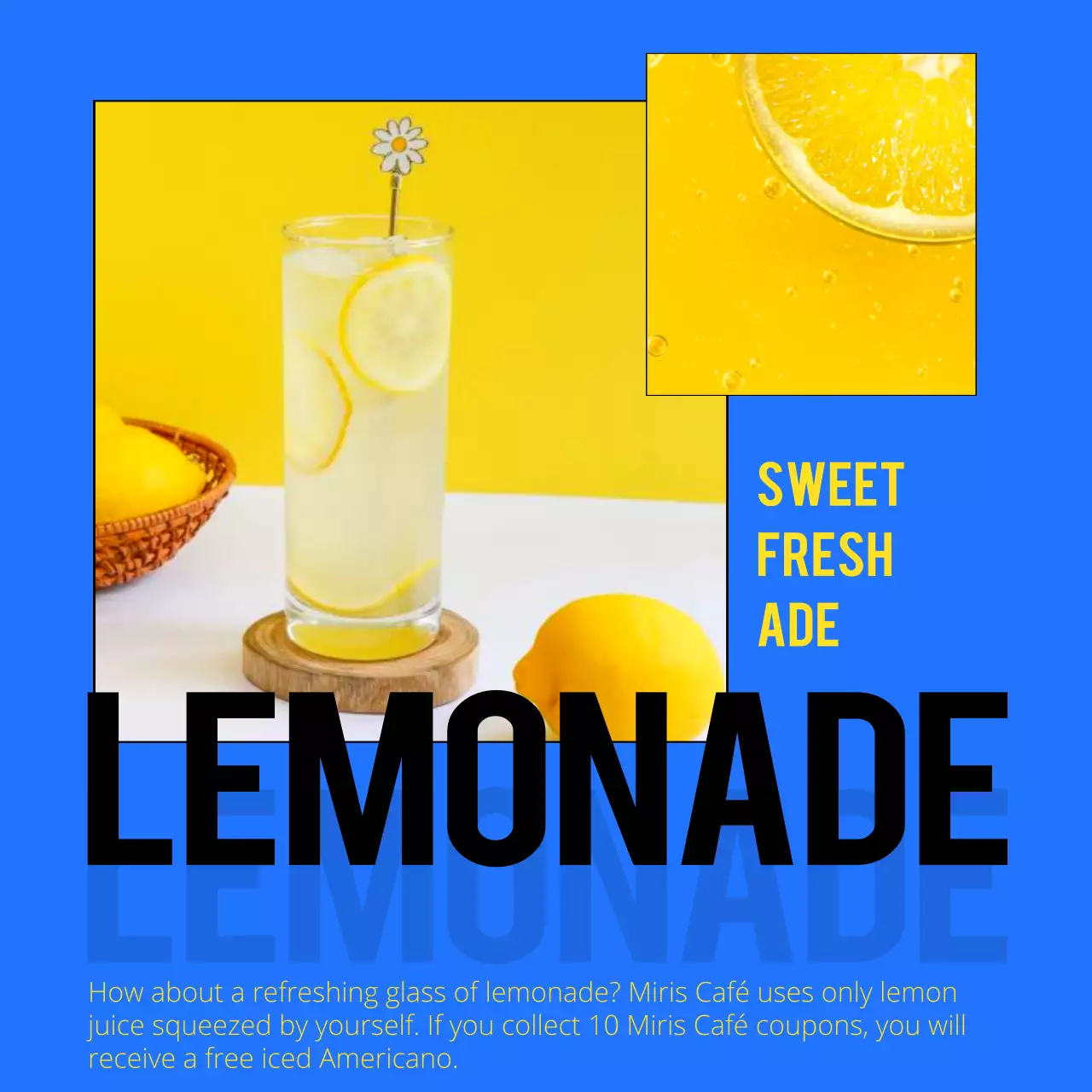 Highlight text in blue and black to promote a hip concept cafe drink