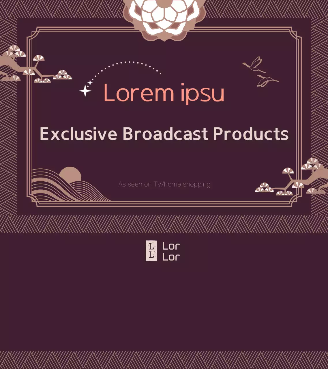 Konsep bingkai tradisional produk obat oriental berwarna ungu tua dan putih