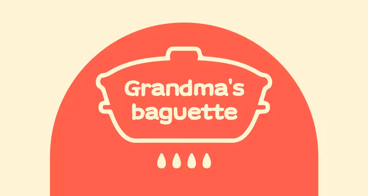 Grandma's baguette shop balsa with an arched red shape on an ivory background