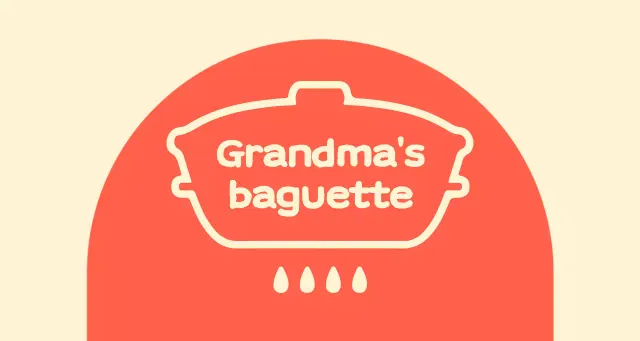 Grandma's baguette shop balsa with an arched red shape on an ivory background
