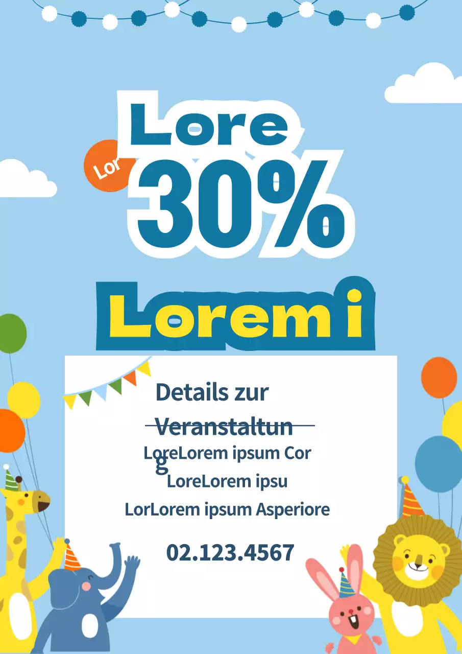 Werben Sie für einen Verkauf zum Kindertag mit einem niedlichen Konzept mit Tierillustrationen in Blau.