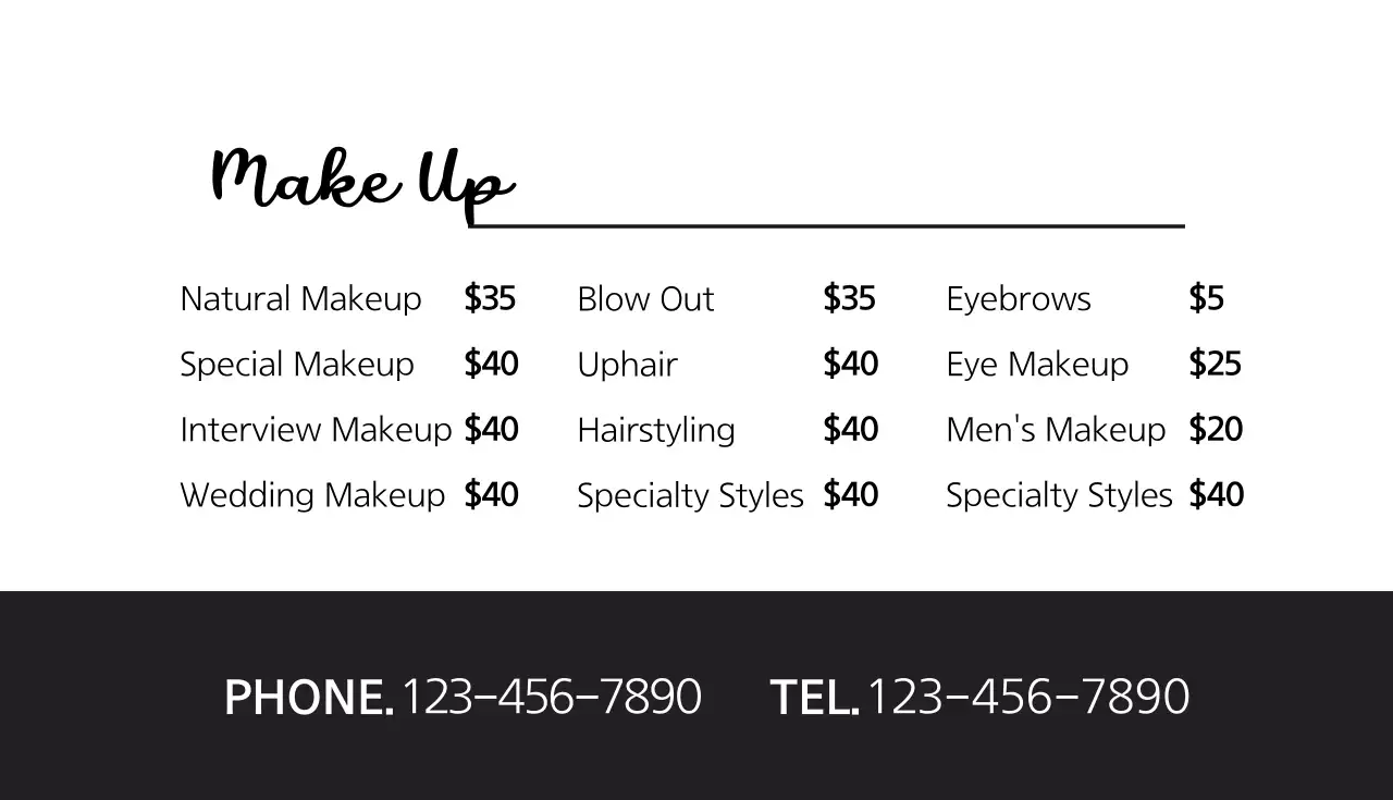 Black Minimal Makeup Menu Business Card