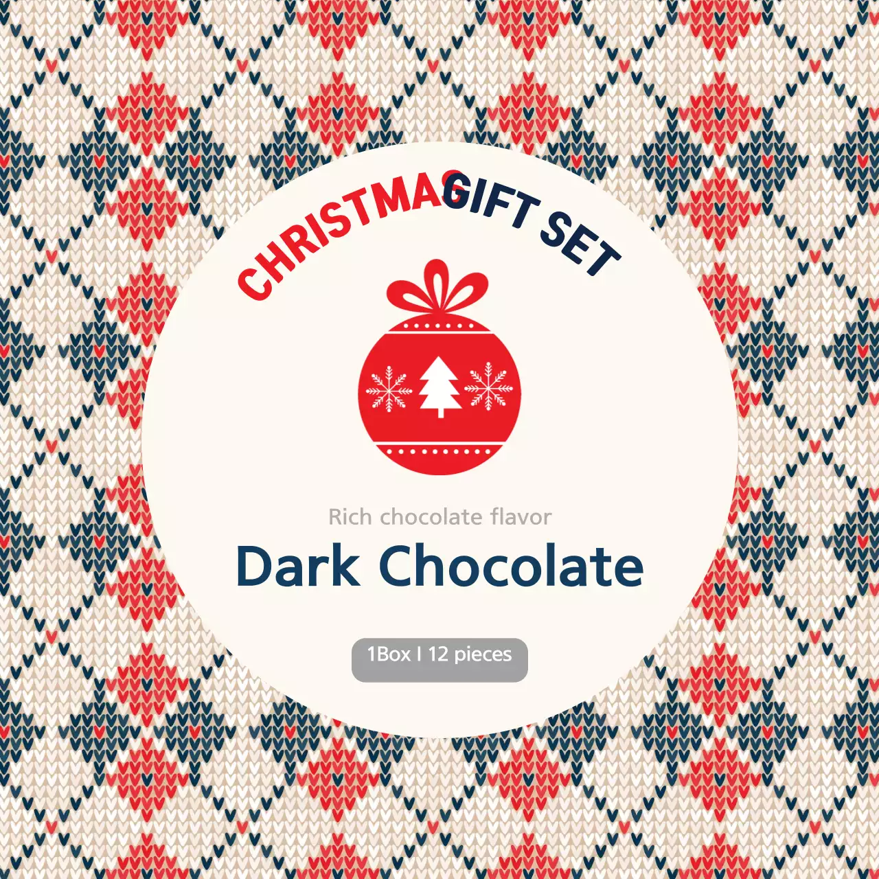 Label pembungkus Natal cokelat pola rajutan berwarna merah gading biru tua