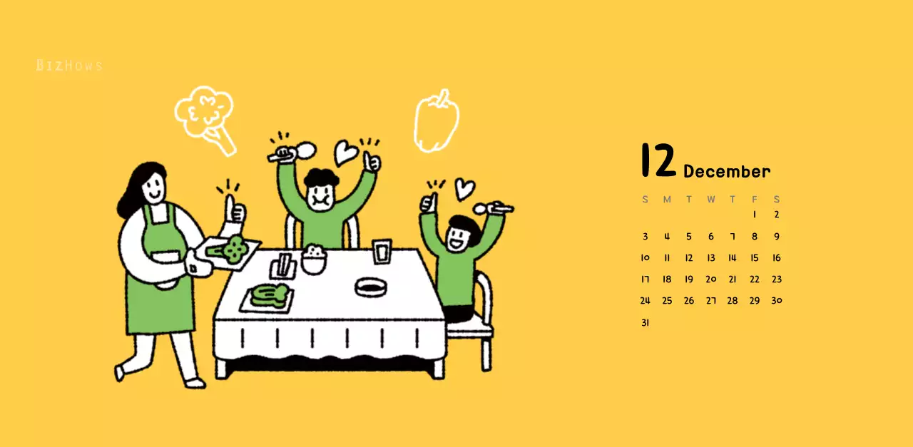New Year's calendar with cute line illustrations