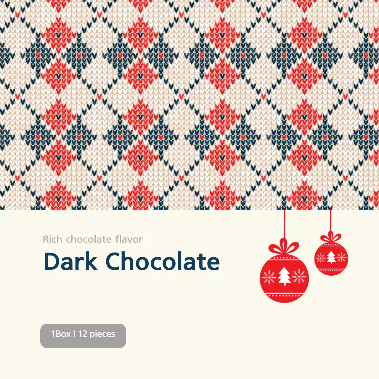 Label pembungkus Natal cokelat pola rajutan berwarna merah gading biru tua