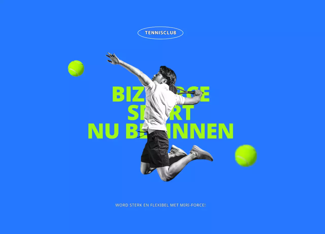 Een jonge, actieve tennisclub in blauw en chartreuse.