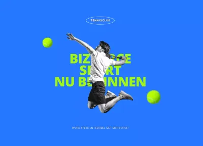 Een jonge, actieve tennisclub in blauw en chartreuse.