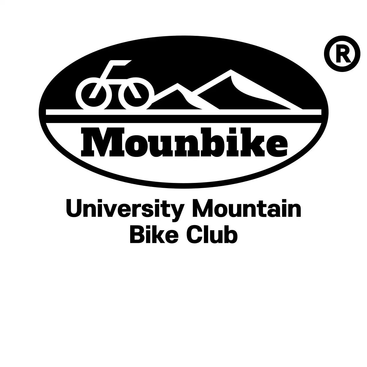 Konsep klub bersepeda gunung dengan ilustrasi gunung dan sepeda sederhana berwarna hitam