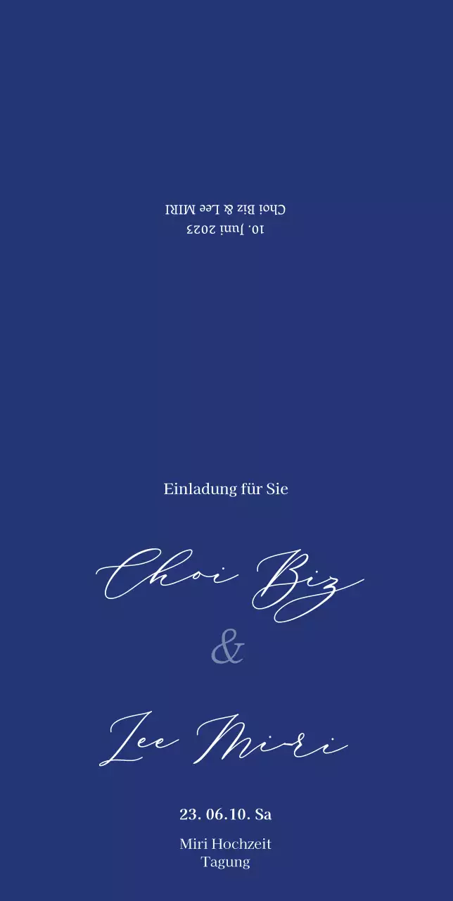 Hochzeitseinladung mit blauem Hintergrund und klarem Look