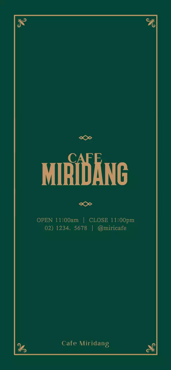 Luxurious framed concept cafe menu in dark green and golden colors for pricing and promotion.