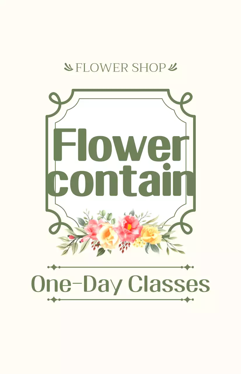 Promover uma aula de um dia com texto em verde e marfim e ilustrações florais