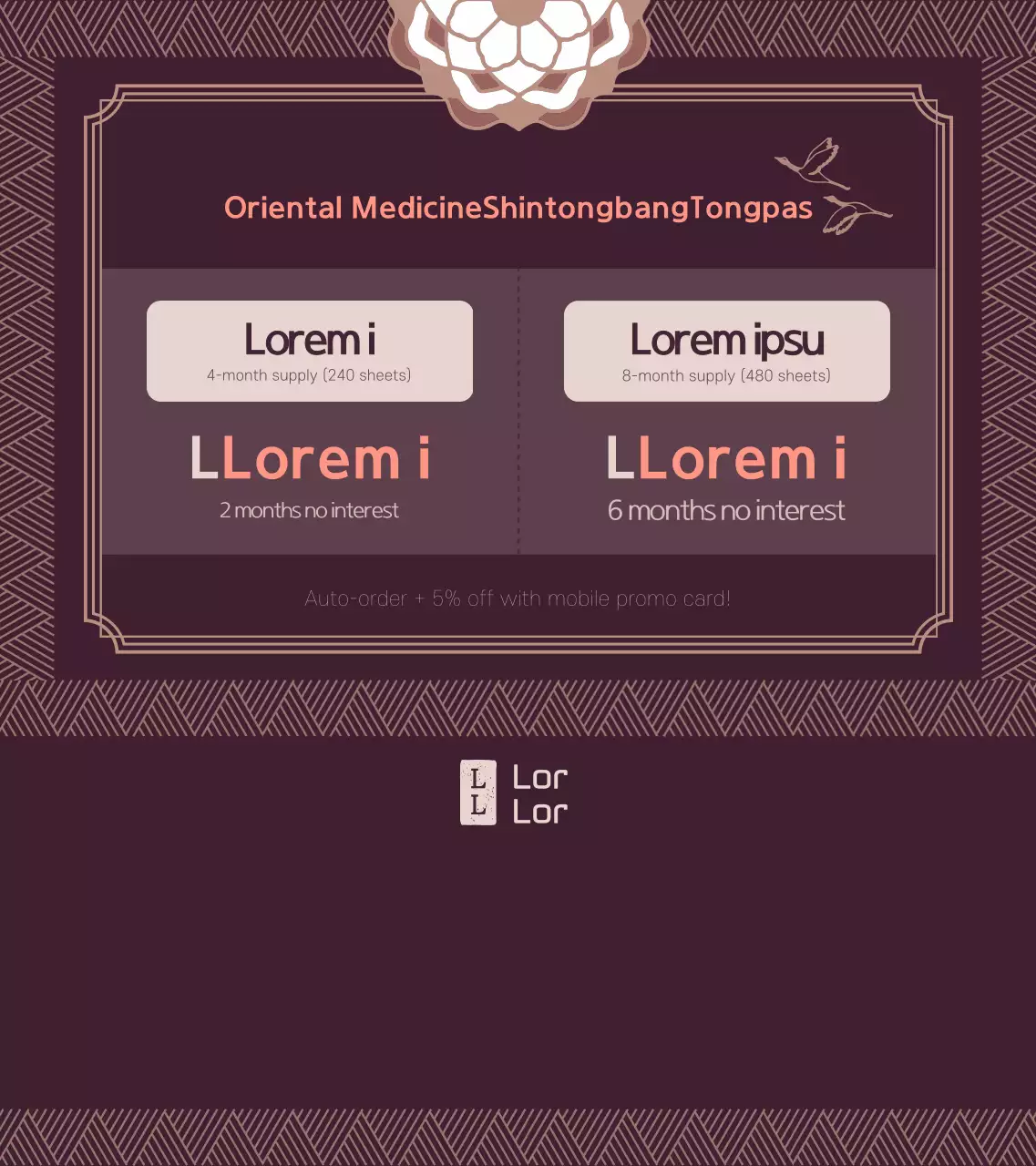 Konsep bingkai tradisional produk obat oriental berwarna ungu tua dan putih