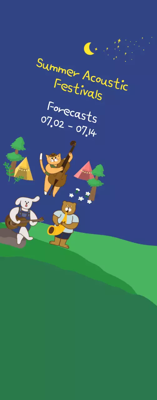 Cute illustration style in dark navy blue and yellow to inform and promote a summer acoustic festival.