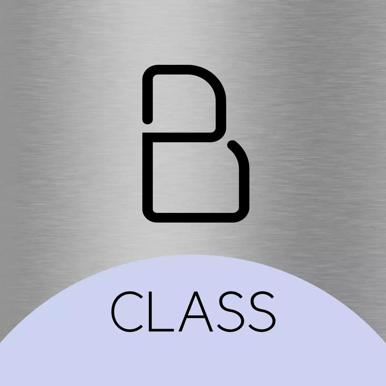 A placeholder sign with light purple-pink shapes and black school class names.