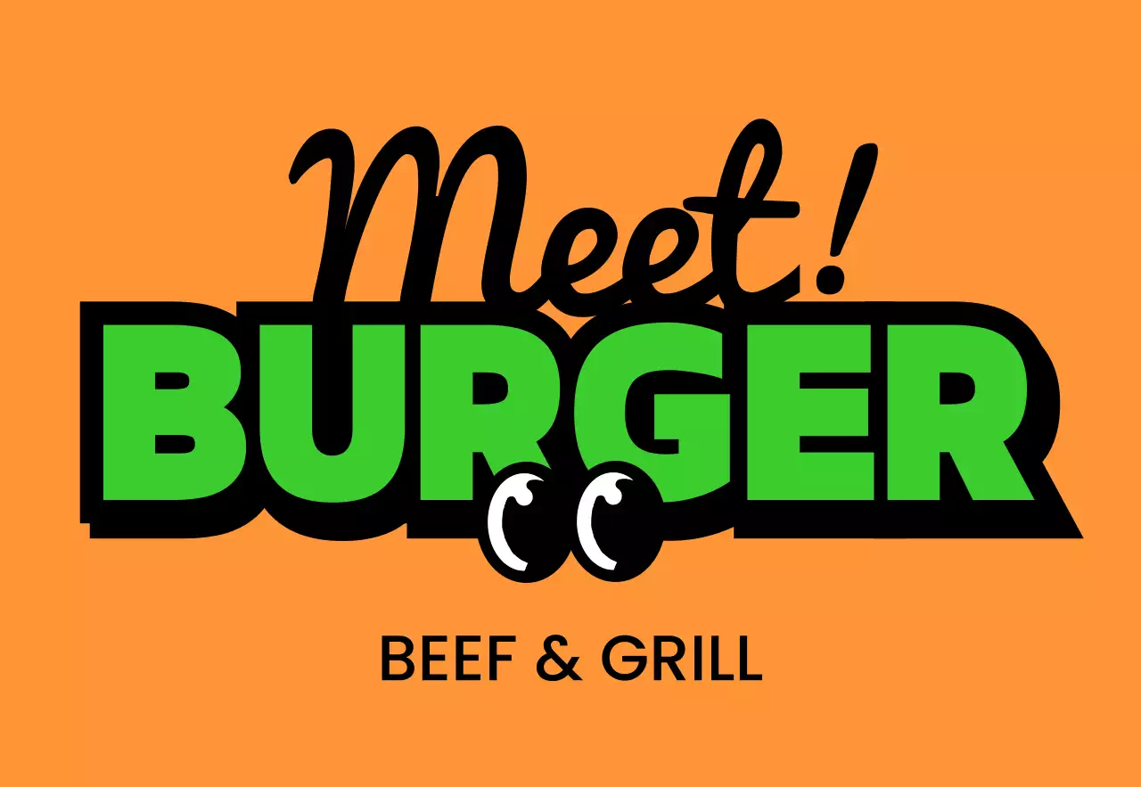 Biển hiệu cửa hàng độc đáo với dòng chữ Meat Burger đầy màu sắc và nhân vật hamburger dễ thương.