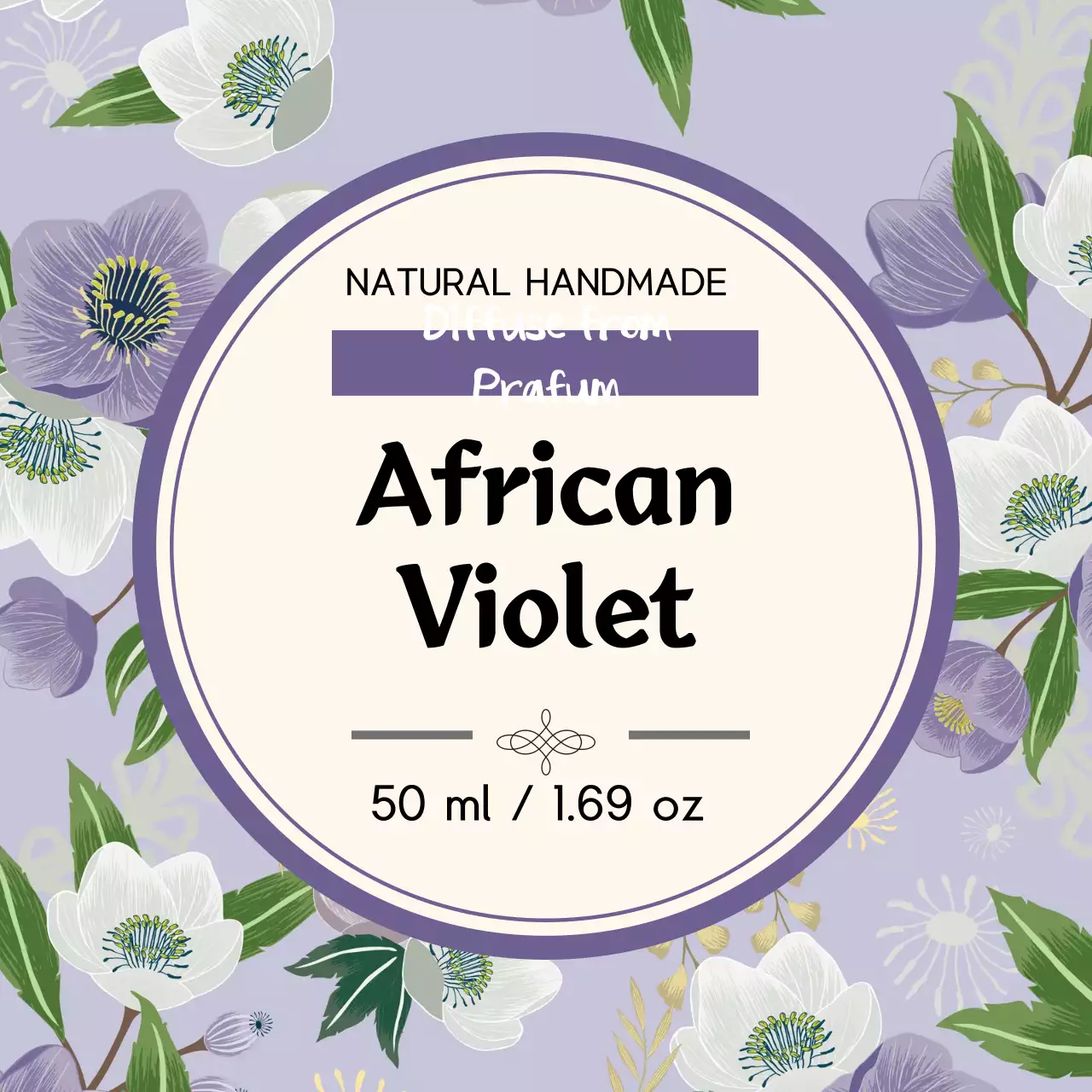 Label parfum antik dengan ilustrasi ungu