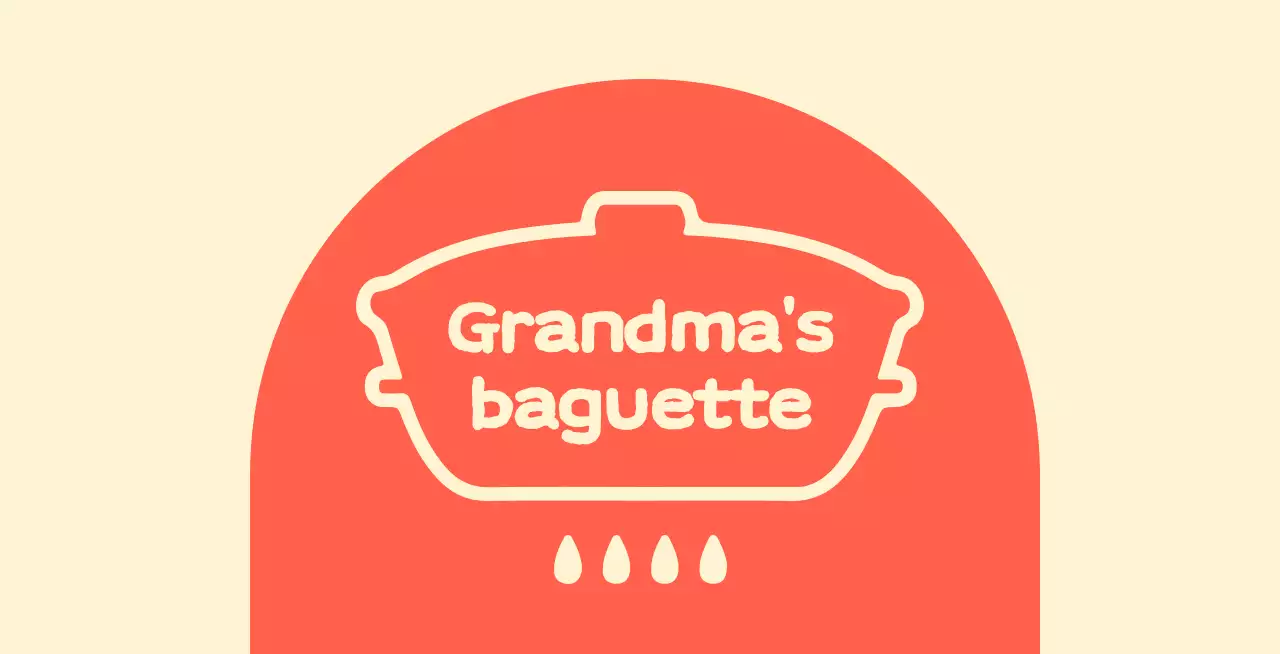 Grandma's baguette shop balsa with an arched red shape on an ivory background