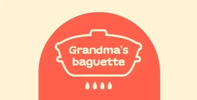 Grandma's baguette shop balsa with an arched red shape on an ivory background