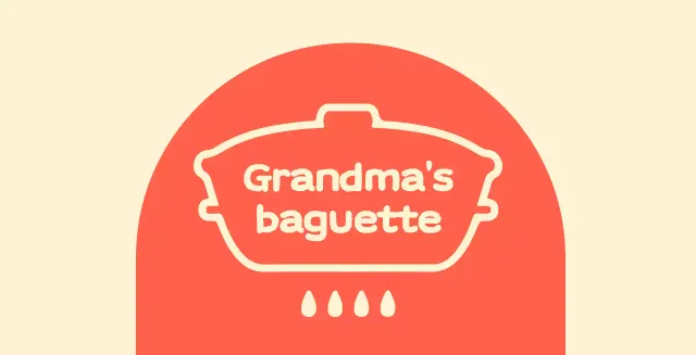 Grandma's baguette shop balsa with an arched red shape on an ivory background