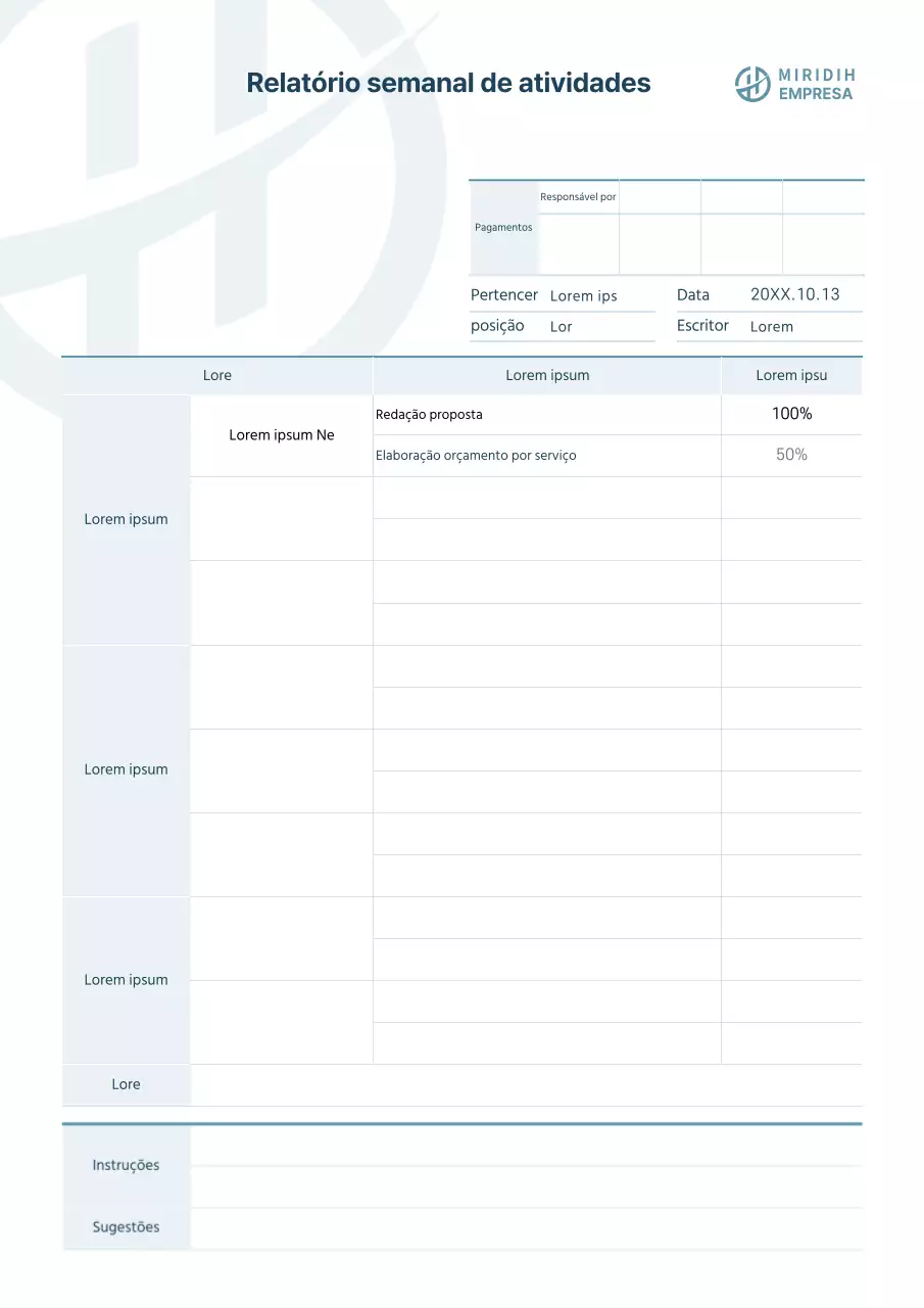Formulário simples de documento da empresa Relatório de trabalho semanal