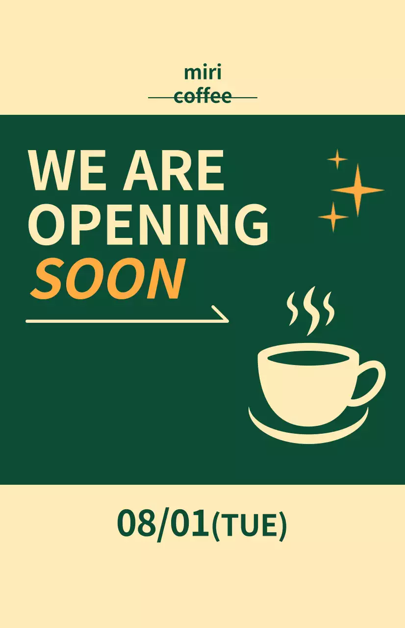 Bandeira para as próximas janelas com um ícone de café sobre um fundo amarelo claro e verde