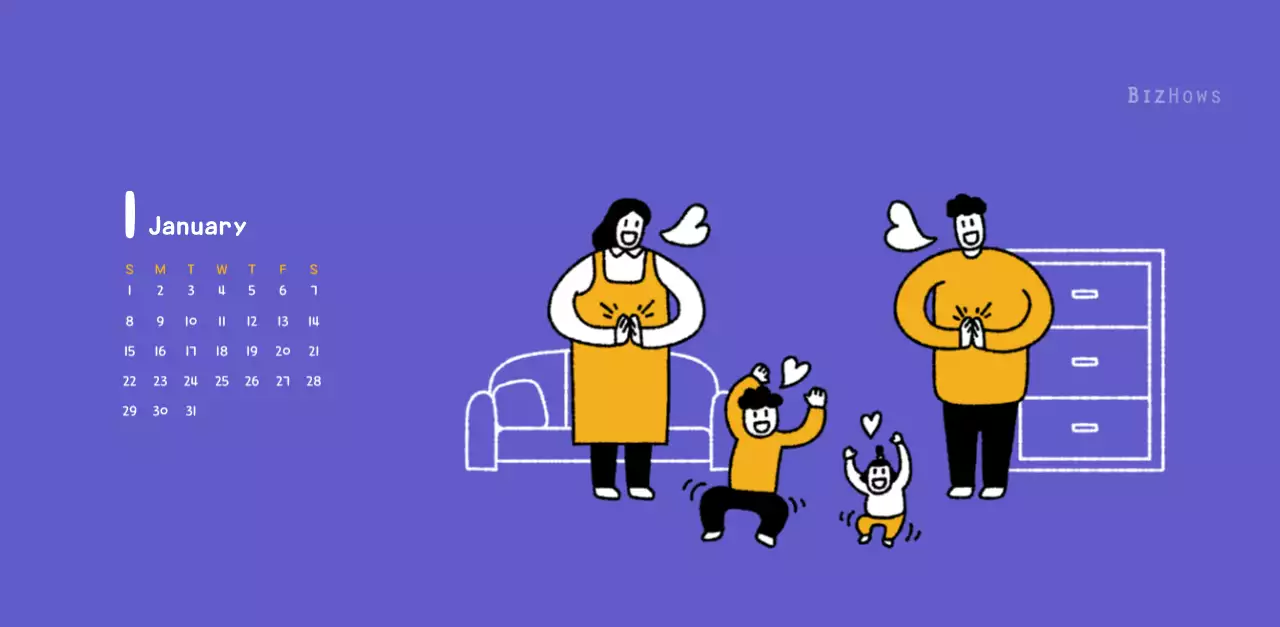 New Year's calendar with cute line illustrations