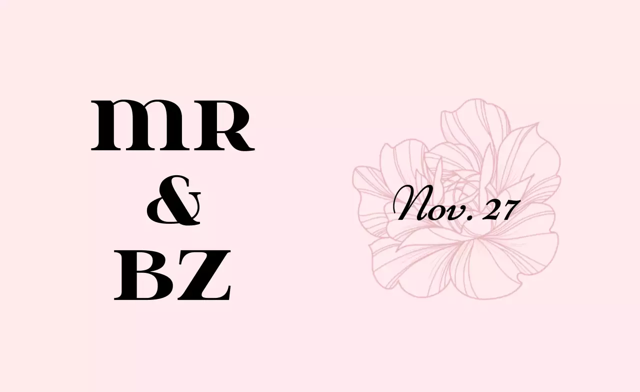 Promote a simple wedding invitation with light pink and black text and floral illustrations.