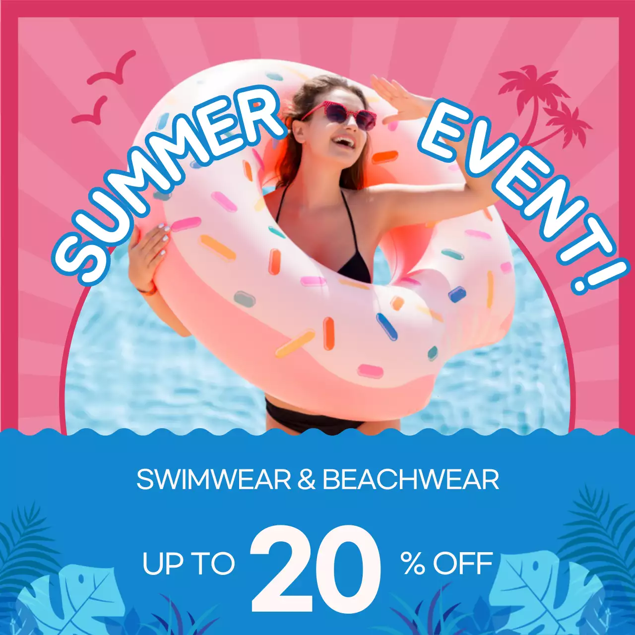Save on pink and blue photo-emphasized summer beachwear